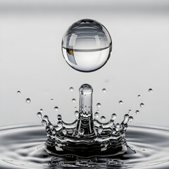Clear water droplet creating splash and ripples in pure water surface