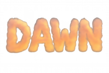 Dawn word created from orange clouds, text forming sunrise skywriting concept on transparent background