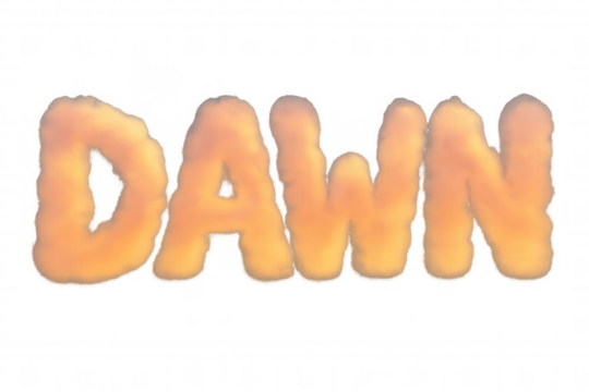 Dawn word created from orange clouds, text forming sunrise skywriting concept on transparent background