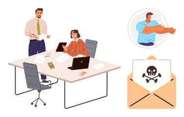 Team collaborates at workspace while analyzing documents. Computer security issue symbolized by email with skull icon and virus alert. Ideal for technology, teamwork, problem-solving, cybersecurity