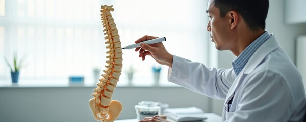 Asian male doctor points to spine model explaining vertebral anatomy. Orthopedic specialist in clinic consults patient about back pain. Physician shows human spinal column lumbar section for