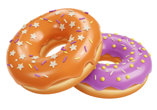 Two delicious donuts PNG isolated on transparent background, one orange with star sprinkles and one purple with round sprinkles, sweet treat