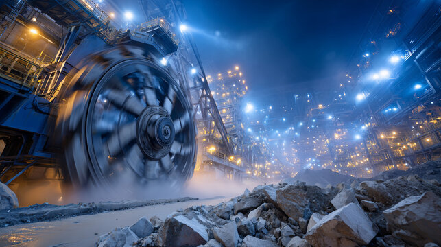 Massive machinery grinding ore into fine powder in large refinery hall, dusty atmosphere and motion blur