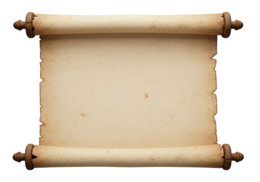 Aged parchment scroll PNG isolated on transparent background, antique paper with wooden handles for historical documents and messages