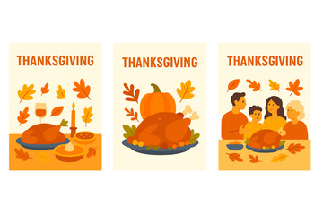 Thanksgiving flat icon set. featuring turkey, family, pumpkin, pie, leaves, meal, and celebration symbols