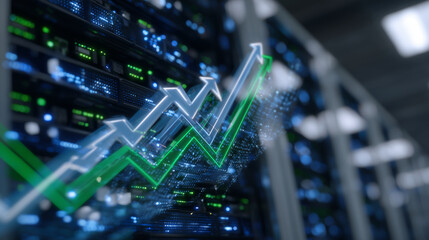 High-tech server room illuminated by green LED lights, translucent arrows projecting upward through holographic interface, concept of AI-driven economic growth