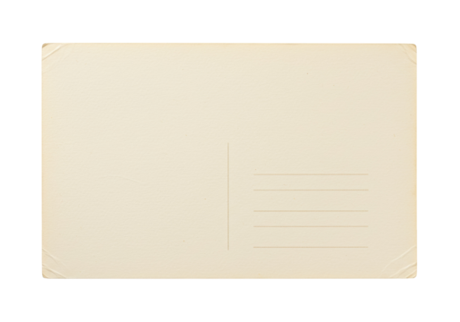 Vintage postcard isolated on white, blank aged paper card for message or design, antique beige stationery with address lines