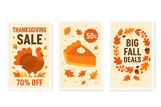 Thanksgiving sale flat icon set. featuring turkey, pie, 50 percent, autumn leaves, and big fall deals motifs