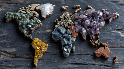 Rare earth minerals arranged on a dark surface shaped like continents, representing the global supply chain under export control and geopolitical tension