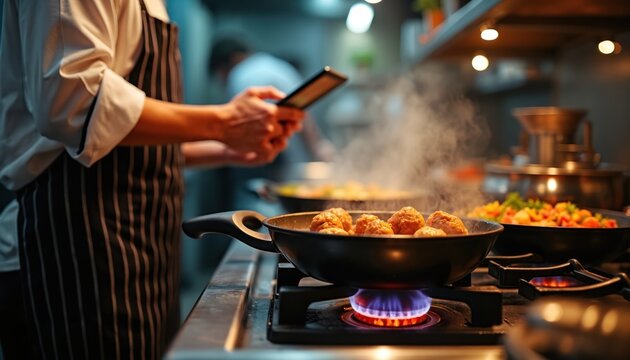 Chef cooks meal in busy restaurant kitchen on gas stove. Person in uniform prepares food, holds tablet. Meatballs fry in hot pan with steam rising from dish. Pro cooking process for dinner service at