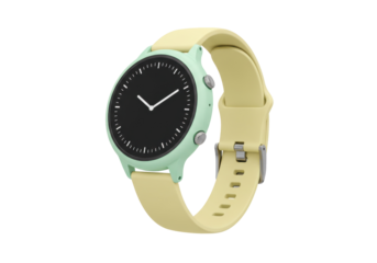 Mint green smartwatch isolated on white, modern wearable tech with yellow band for fitness tracking and digital lifestyle