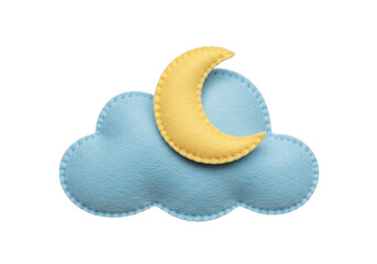 Felt cloud and moon isolated on transparent background, handmade baby mobile element for nursery decor and children s crafts