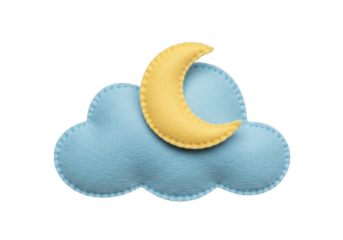 Felt cloud and moon isolated on transparent background, handmade baby mobile element for nursery decor and children s crafts