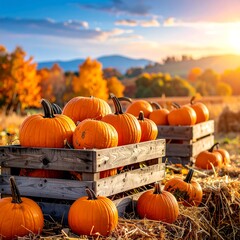 Autumn Harvest - Pumpkins in Crates at Sunset.