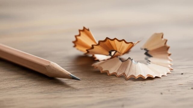 Wooden pencil with shavings on a table
