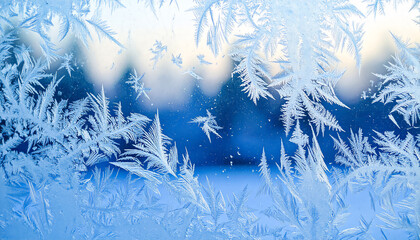 Frost patterns on window glass, cold blue light