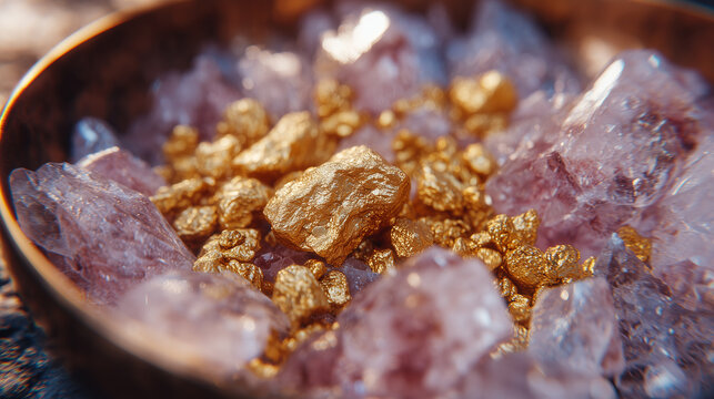 Artistic macro photograph of glistening gold nuggets and raw quartz pieces inside a circular pan, with light reflections enhancing depth and realism - Powered by Adobe