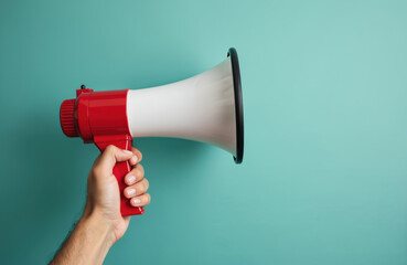 Hand holds red, white megaphone against vibrant teal background. Image suggests communication, announcement, important message delivery. Loud speaker tool ready to convey information, news, make