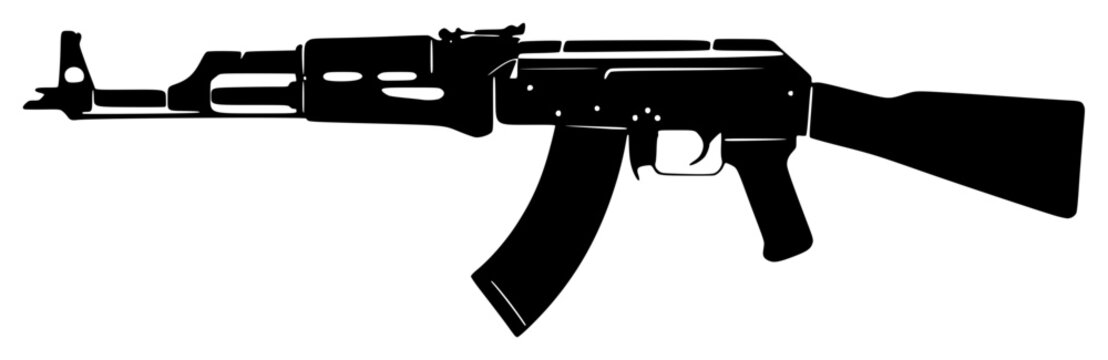 a black silhouette of a ak47 on a white background, black, drawing, gun, silhouette 