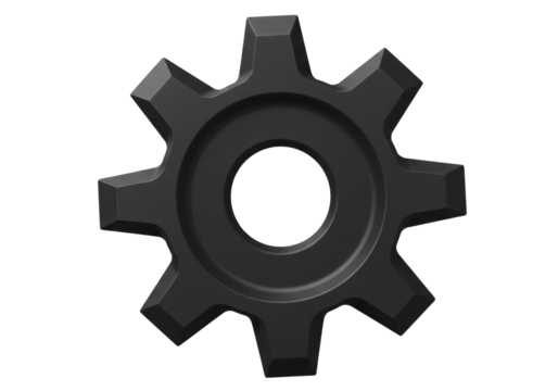 Dark gray gear isolated PNG on transparent background, cogwheel mechanical part for engineering and industrial design