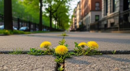 Obraz premium Dandelions growing through pavement in urban park