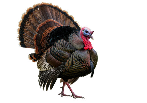 Male wild turkey isolated PNG on transparent background, colorful bird with iridescent feathers and red wattle, Thanksgiving fowl