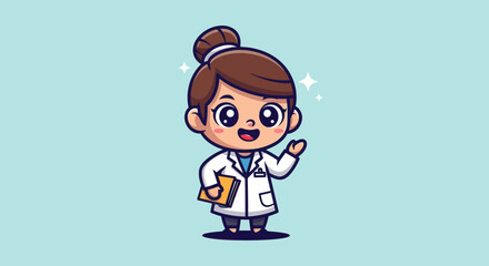 Cartoon medic in lab coat, smiling, on light blue background