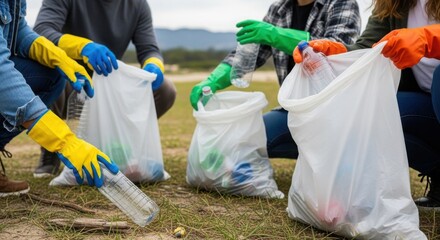 People collecting plastic waste on outdoor field