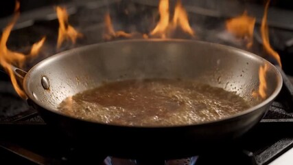 Flames erupt as a hot pan is deglazed with broth.