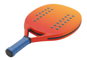 Orange and red paddle tennis racket isolated PNG, beach sport equipment for summer games and outdoor activities on transparent background