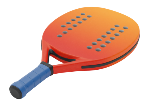 Orange and red paddle tennis racket isolated PNG, beach sport equipment for summer games and outdoor activities on transparent background