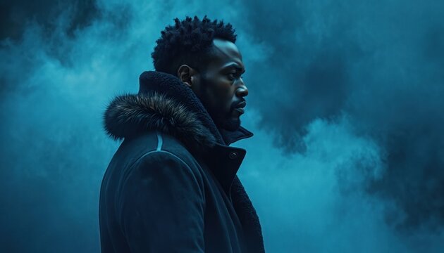 Intense portrait of Black man in dark blue coat with fur trim. Gazes intently into distance, shrouded by atmospheric smoke, fog. Moody lighting evokes strength, contemplation. Suitable for campaigns - Powered by Adobe