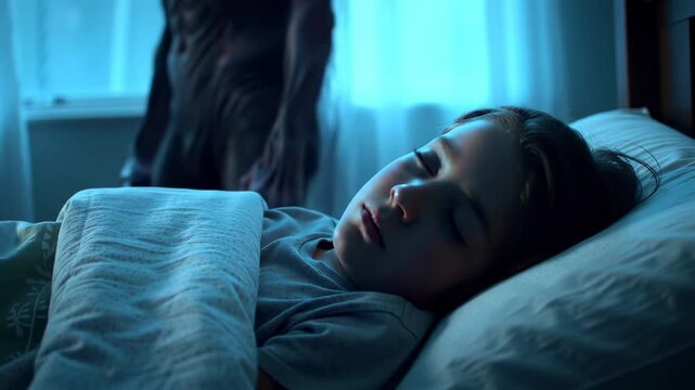 Child sleeps as a monster lurks in the bedroom for a horror concept