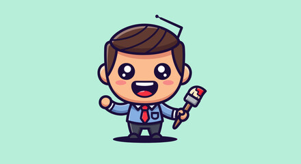Cartoon painter with a brush and tie on a light green background