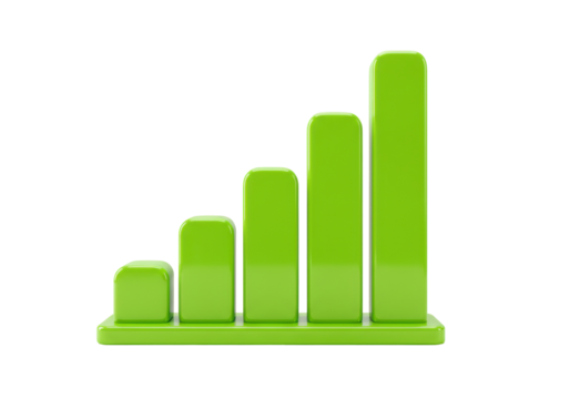Green bar graph isolated PNG on transparent background, business growth chart for data analysis and financial report