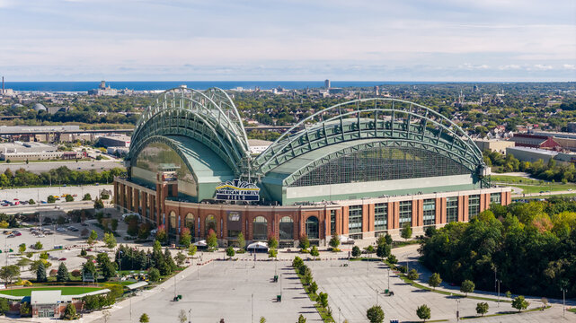 Milwaukee, WI, USA - October 7, 2025: American Family Field is home to Major League Baseball's Milwaukee Brewers. The stadium was previously known as Miller Park. Aerial view.
