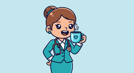 Animated doctor sipping from heart-adorned mug