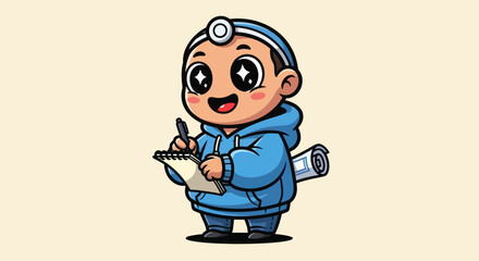 Cartoon doctor writing on a notepad with a rolled document on back