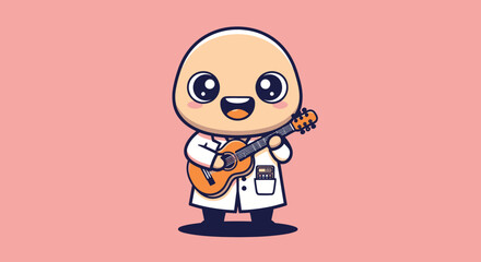 Cartoonish, bald figure in lab coat playing a guitar