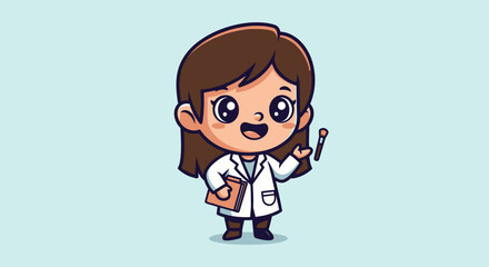 Cartoon doctor character with clipboard and tool on light blue background
