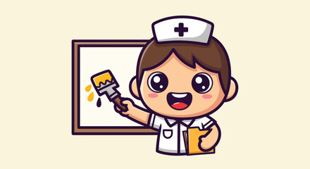 Cartoon nurse paints on a white board
