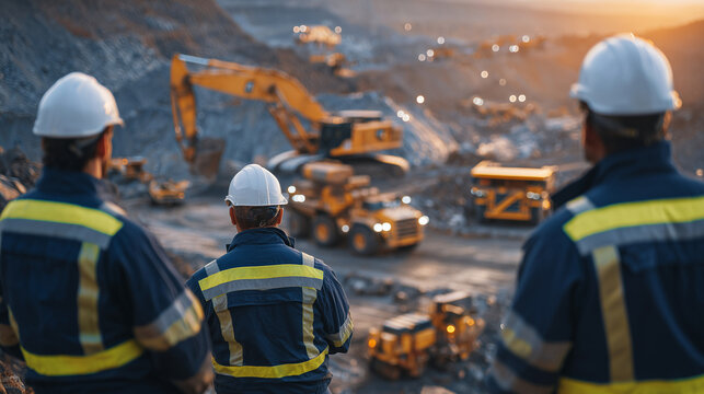 Group of engineers and managers overlooking busy industrial mining site, large excavators lifting ore, trucks transporting materials, warm sunlight casting shadows