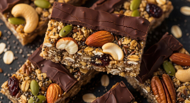 Homemade dark chocolate granola bars topped with nuts and seeds