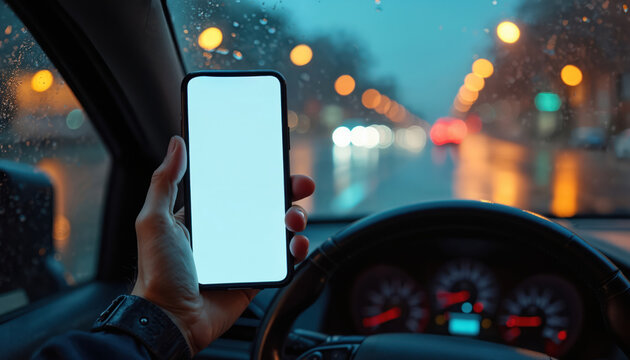 Driver uses smartphone night driving through rainy city streets. Blurred lights, wet asphalt create dynamic urban scene. Phone screen displays blank interface, suggesting navigation communication.