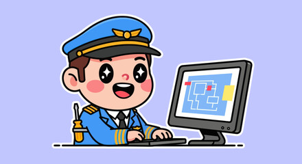 Cartoon pilot at computer with schematic, in blue uniform and cap
