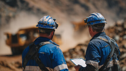 Men with clipboards and safety gear watching mining activity, dust-filled air, heavy machinery in motion, conveying determination and operational focus