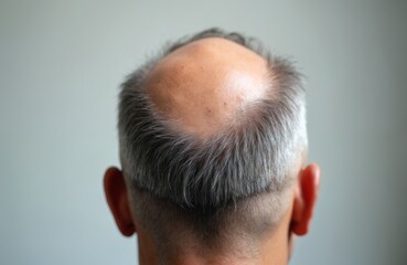 Close up of male head with hair loss, thinning gray hair. Prominent bald spot visible on crown area. Shows male pattern baldness, age related hair thinning, alopecia problem. Person faces struggle