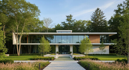 Obraz premium Modern luxury home with large glass windows surrounded by lush green trees