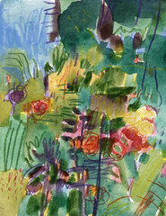 Hand drawn floral garden artwork in watercolor and colored pencil, expressive abstract composition with flowers and nature shapes, high-resolution scan for print and web design