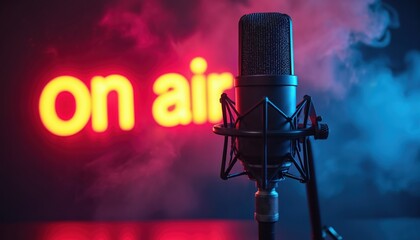 Pro studio microphone stands ready for audio recording, speaking voice. Bright on air neon sign glows in background. Red, blue light creates dramatic atmosphere for podcast, live stream, radio